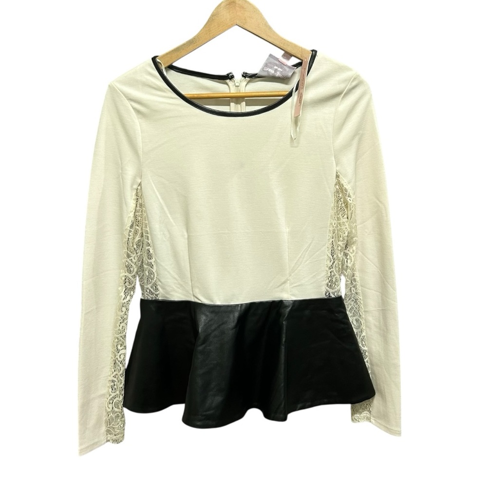 Romeo & Juliet Cream Black Faux Leather Peplum Blouse Size S  NWT